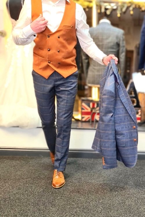 Marc Darcy - Blue Check Suit with Tan Double Breasted Waistcoat