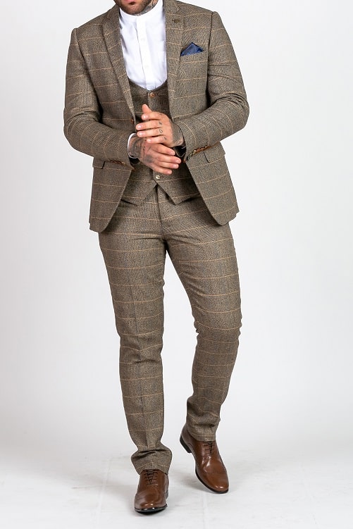 three piece tan suit