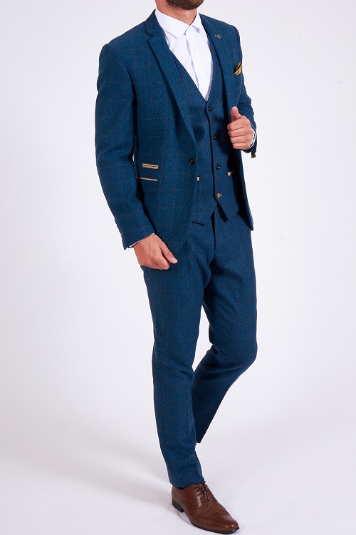 Marc Darcy: Dion Blue Tweed Check Three Piece Suit
