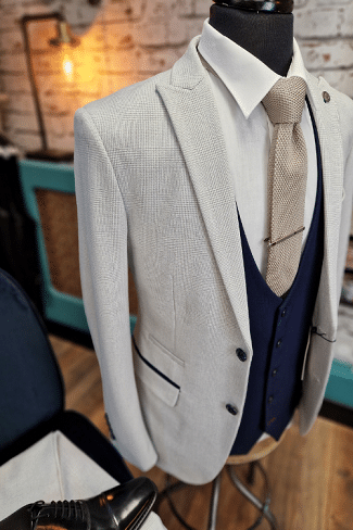 Stone Grey Check Suit With Navy Waistcoat Outfit