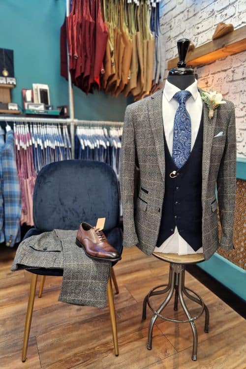 Grey Check Suit With Navy Waistcoat Outfit