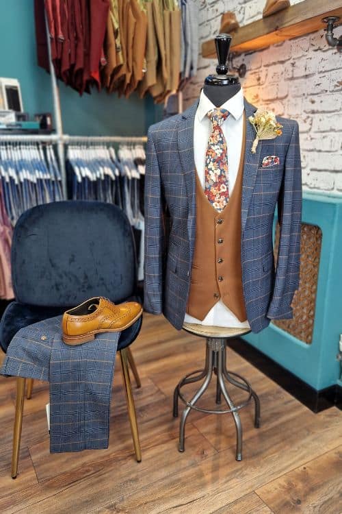 Blue and Tan Checked Suit Outfit