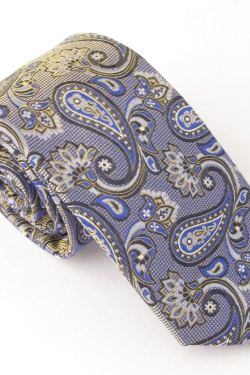 Navy Blue & Gold Check Paisley Red Label Silk Tie by Van Buck