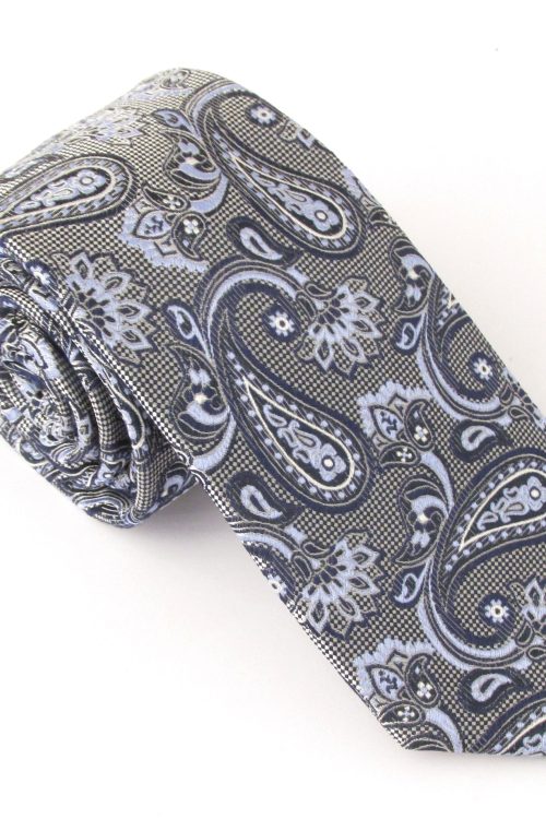 Navy Blue & Grey Check Paisley Red Label Silk Tie by Van Buck