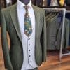 Green Suit With Stone Waistcoat Floral Tie and Hankie