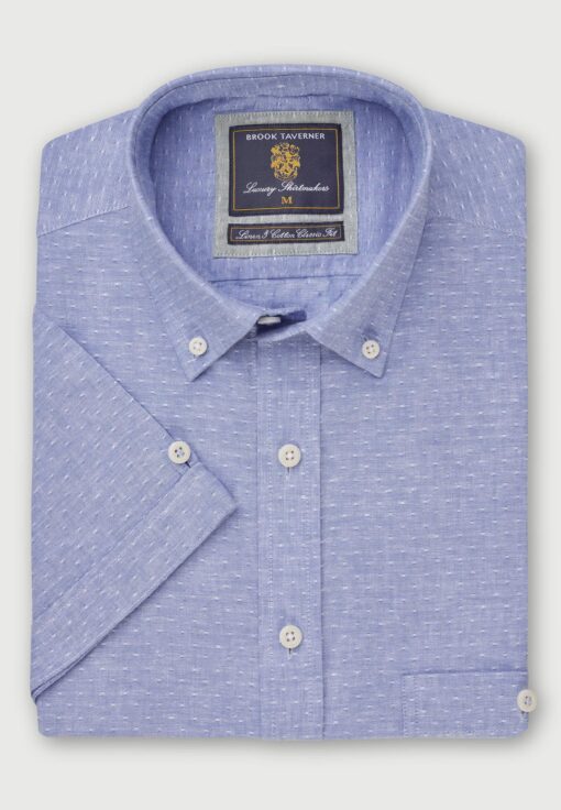 Brook Taverner Regular Fit Sky Blue Dobby Short Sleeve Linen Cotton Shirt