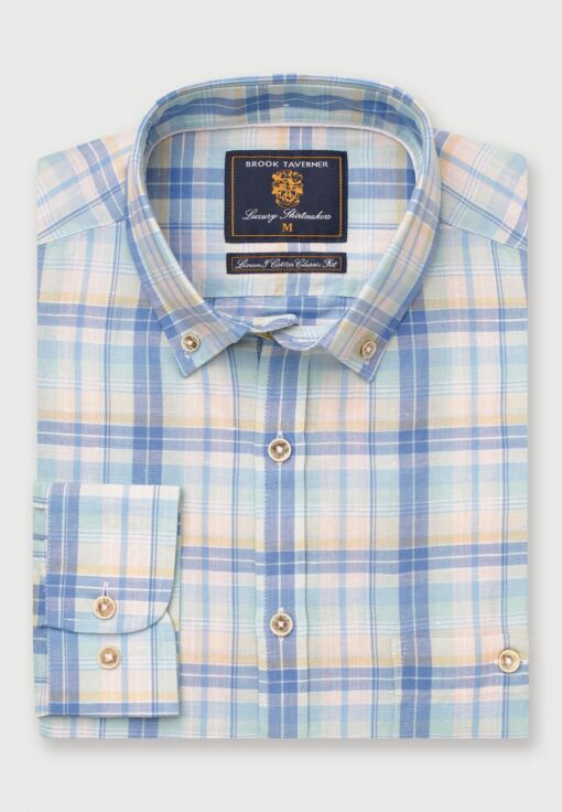 Brook Taverner Tailored Fit Blue Check Linen Cotton Shirt
