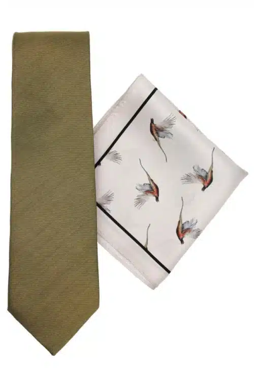 Olive Silk Tie And Pheasant Hank Set