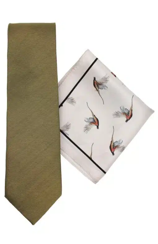 Olive Silk Tie And Pheasant Hank Set